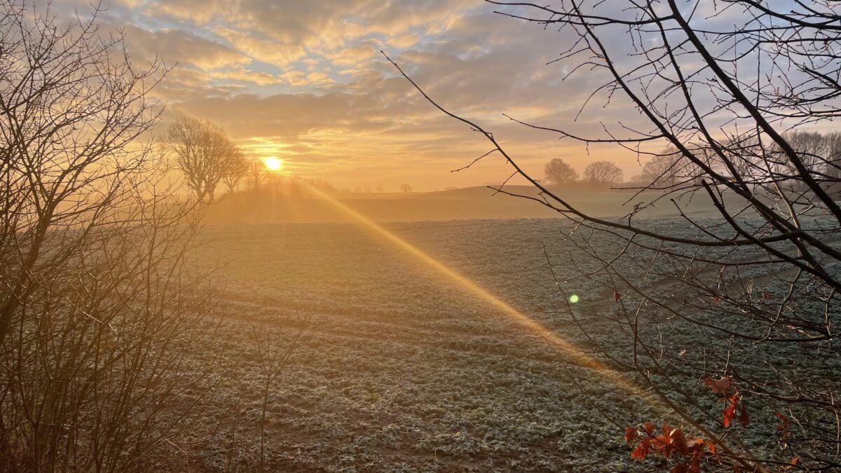 Ein klarer Sonnenstrahl während des Sonnenaufgangs über einem Feld in Klein Wittensee