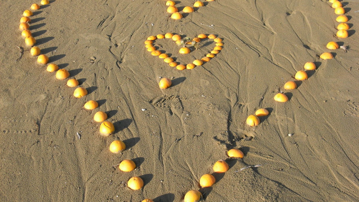 Herz aus Früchten am Strand