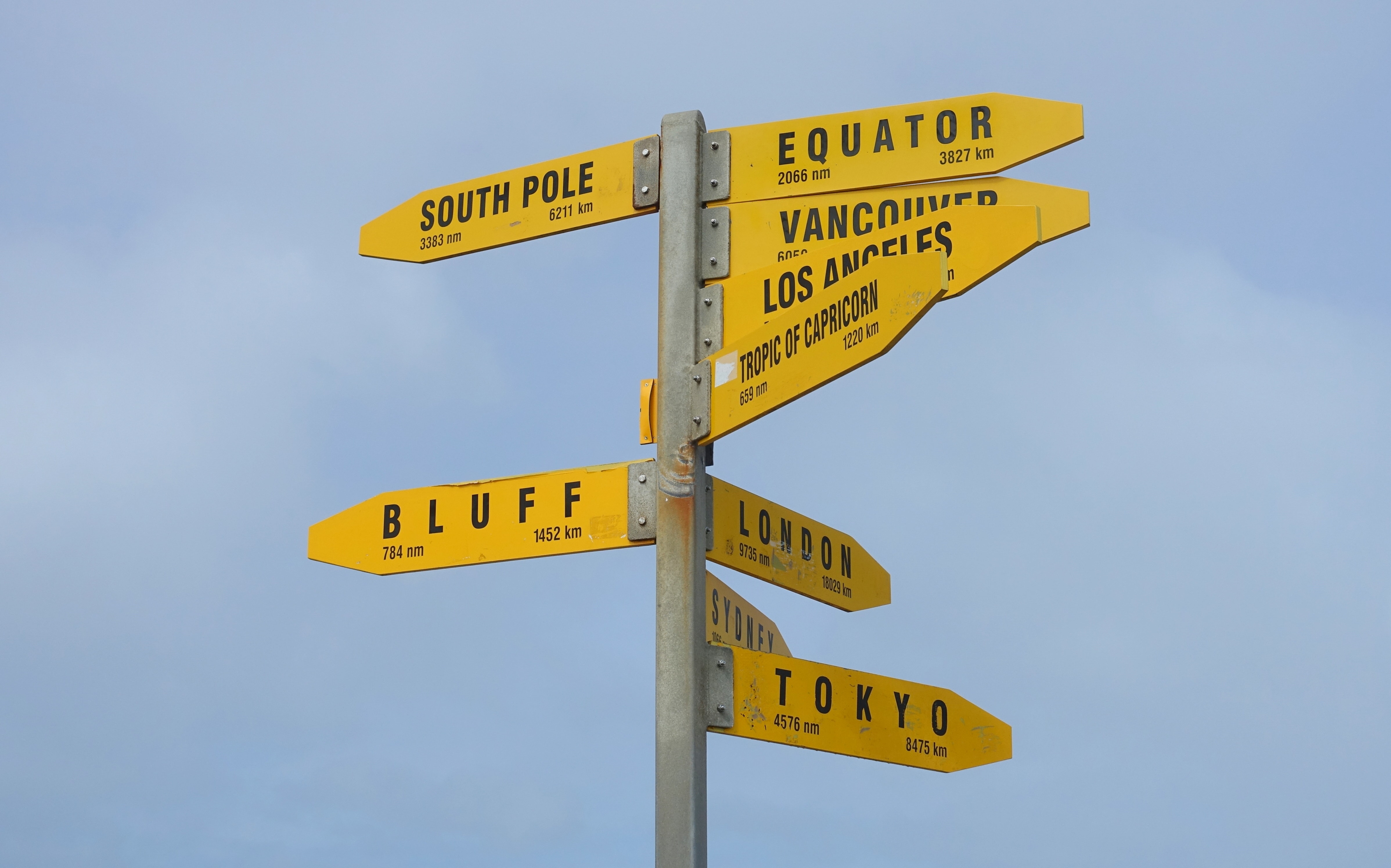 Ein Wegweiser am Cape Reinga in Neuseeland zeigt die Entfernung zu verschiedenen Orten in der Welt an.