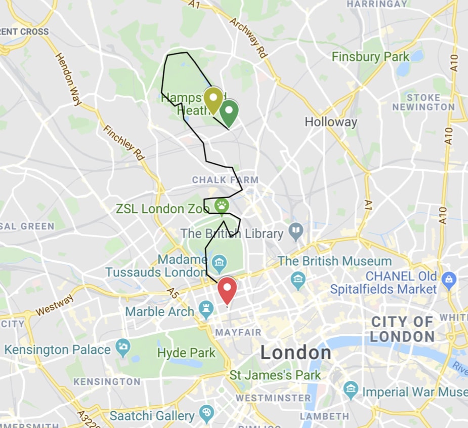 Karte von Google Maps mit Spaziergang von Hampstead nach Marylebone