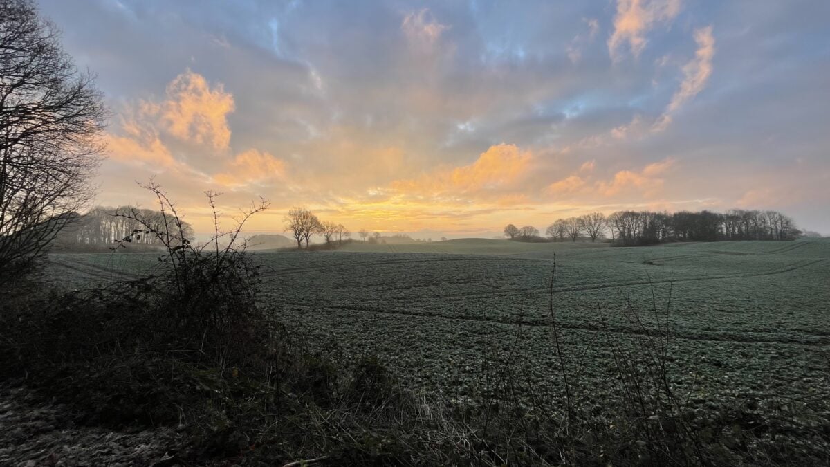 Ein Sonnenaufgang über einem Feld in Klein Wittensee